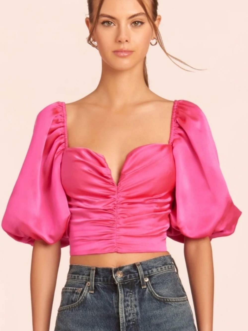 Amanda Uprichard • Silk Santucci hot pink puff sleeve blouse